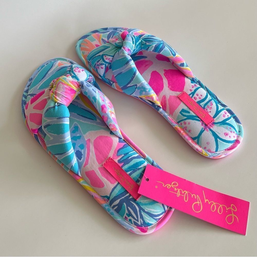 Lilly Pulitzer Pool Slippers Pink Sea Glass Aqua Rainforest Retreat S/M Size 7-8 - Picture 5 of 8